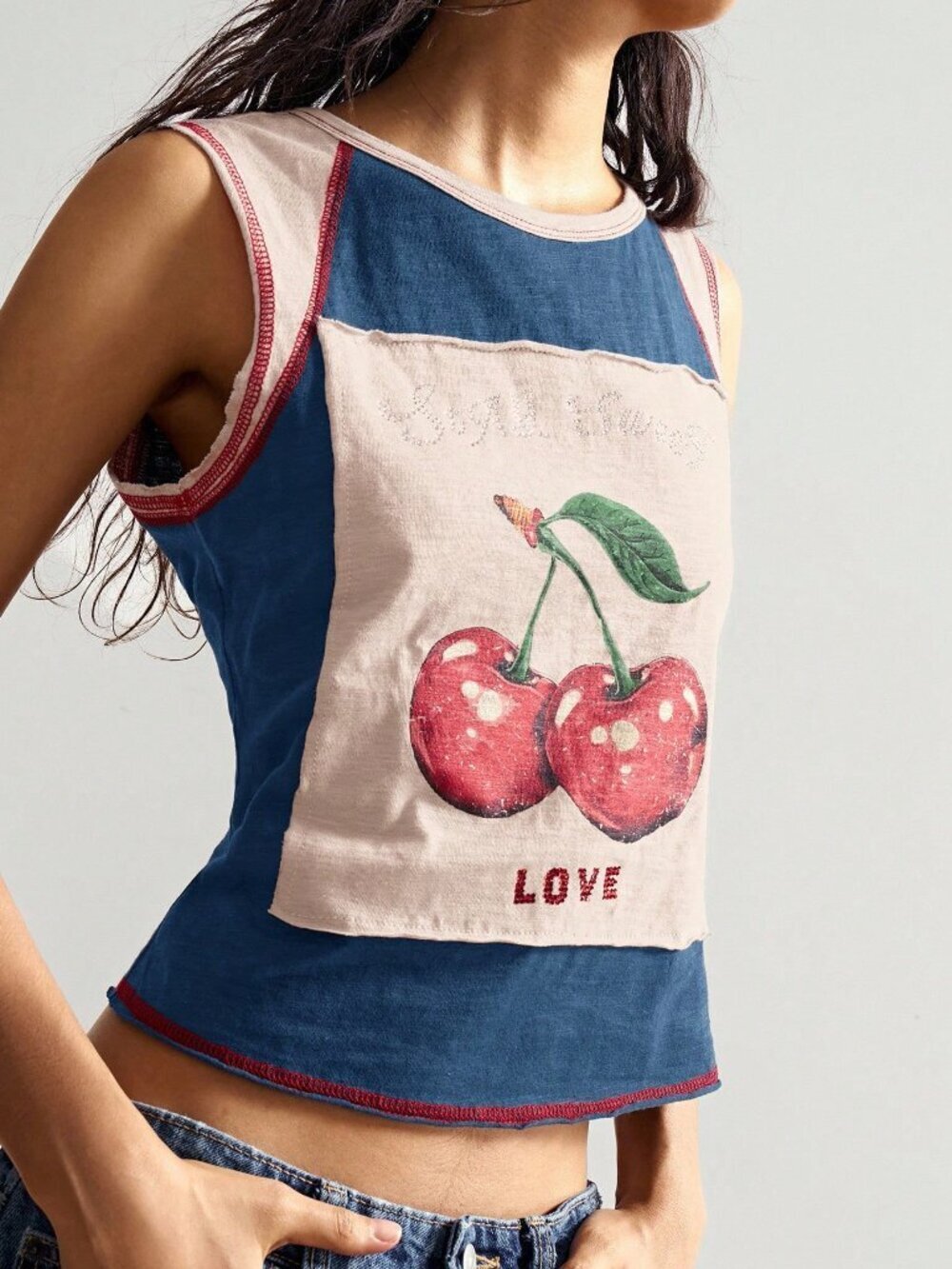 Multicolor Casual Women's Fitted Round Neck Graphic Cherry Sleeveless Tee Top - Picture 4 of 6